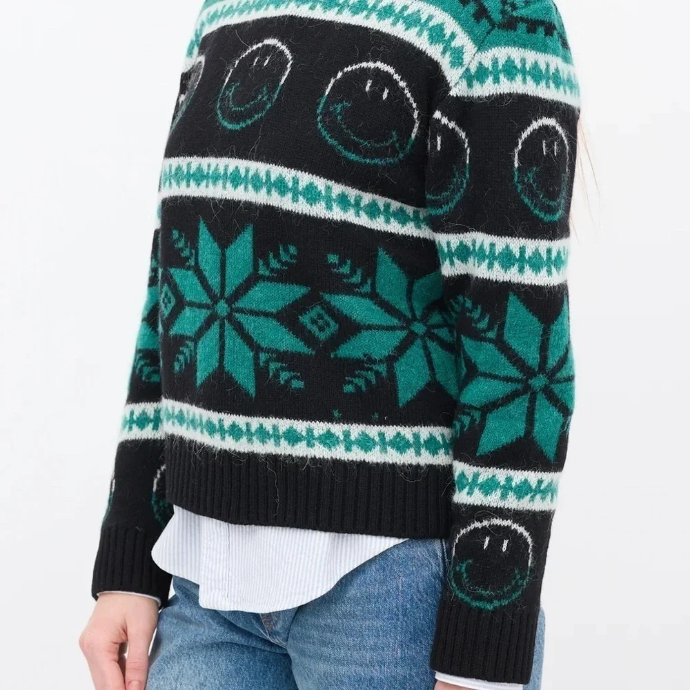 NWT Sandro Green & Black Wool Smiley Intarsia Sweater